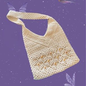 Vintage y2k Cream Crochet Beaded Fairy Grunge Coquette Boho Shoulder Tote Bag